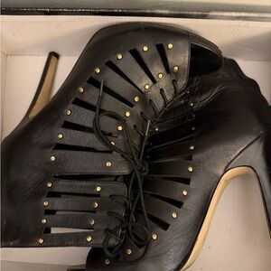 Black Lace-Up Cutout High Heel Booties - Women's